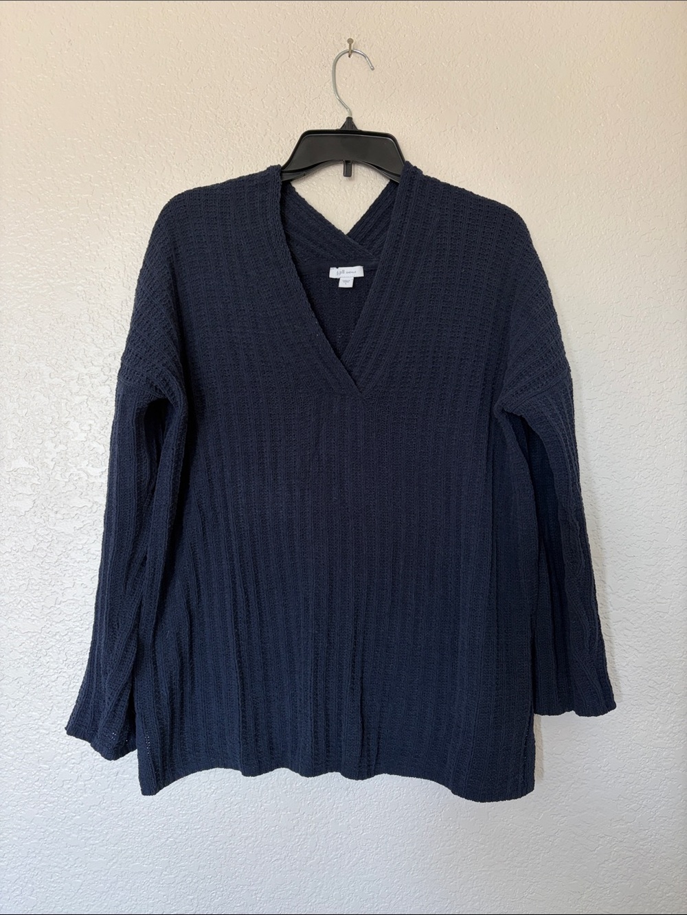 J. Jill Navy V-Neck Textured Knit Pullover